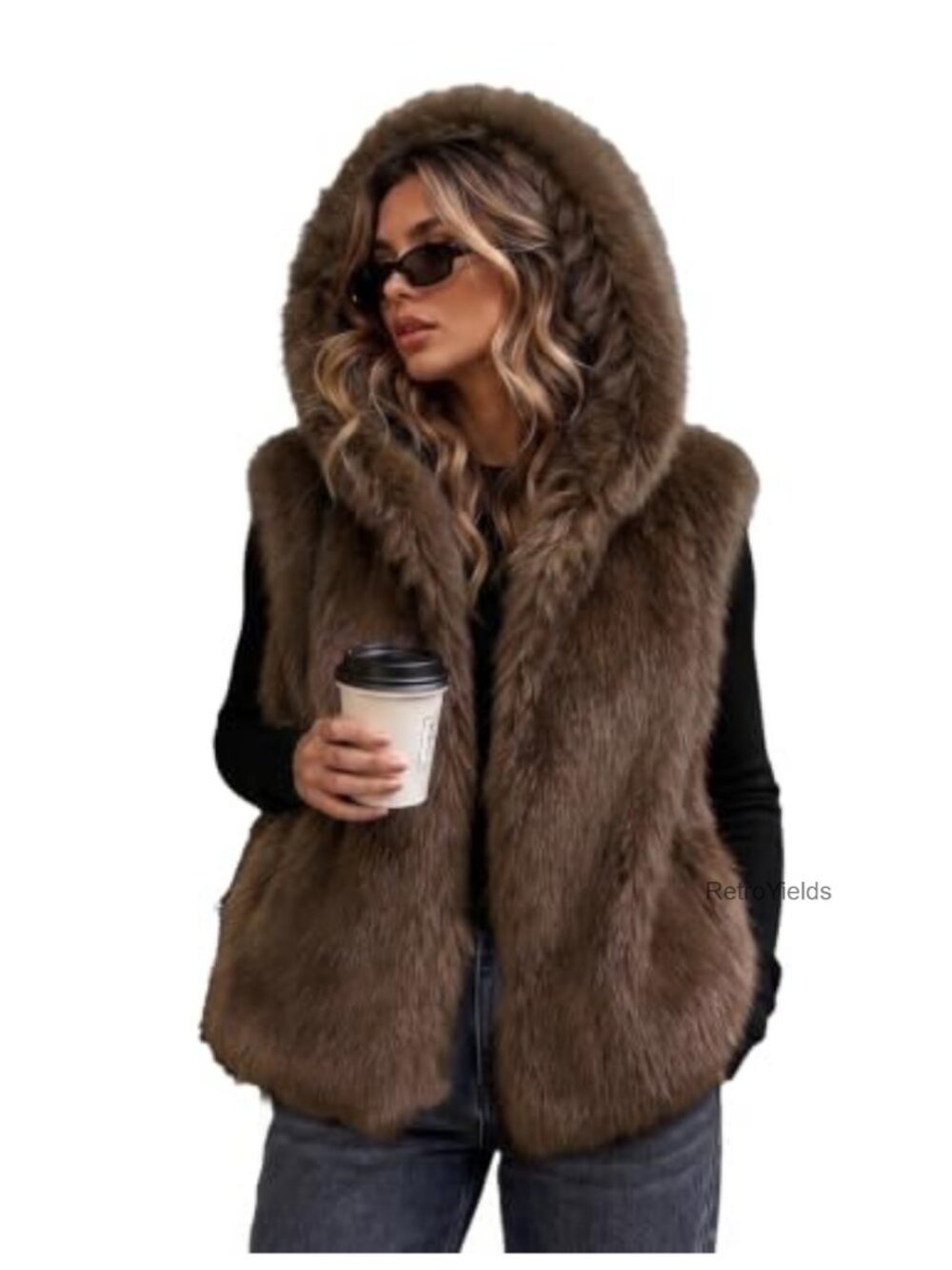 Faux Fur Vest Hooded Open Front Sleeveless Fuzzy Layering